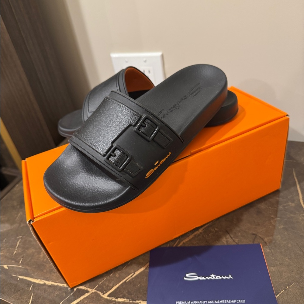 Santoni Black Leather Sandals with Adjustable Buckle